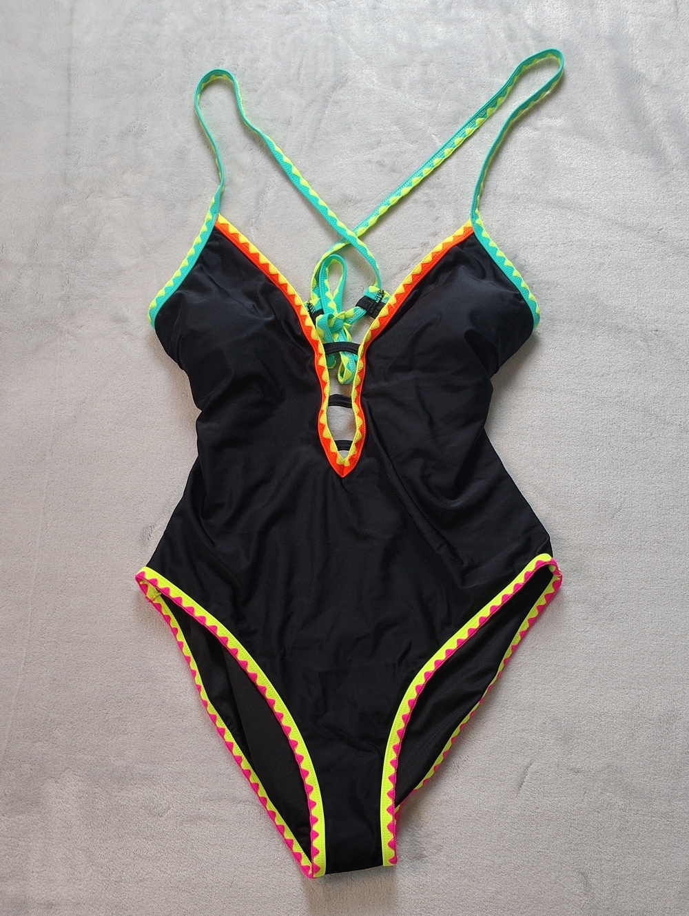 Popvil Black One Piece Tie Back Swimsuit with Multicolored Neon Trim Size XL New